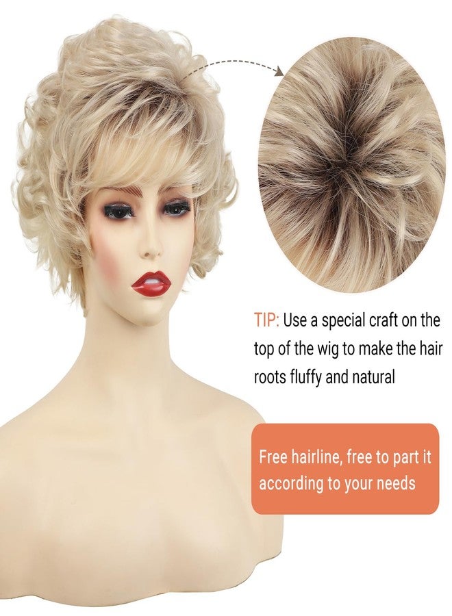 TISHINING Short Blonde Curly Wigs for White Women Layered Ombre Blonde Pixie Cut Wig with Bangs Natural Looking Synthetic Full Wigs for Daily Party - Image 2